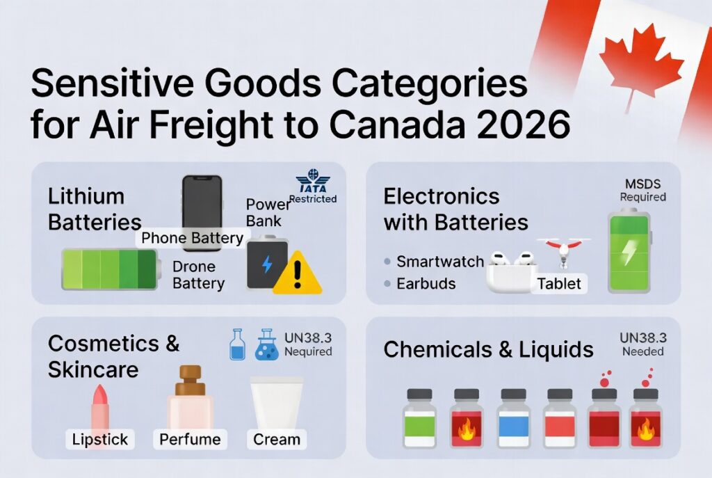 Sensitive goods categories for air freight to Canada 2026 – lithium batteries, electronics, cosmetics