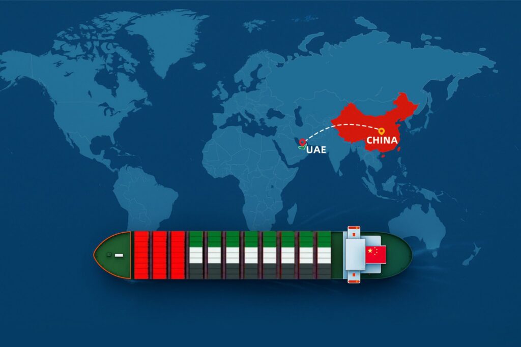 'China to UAE Logistics', iconos para transportes diversos, y texto para 'DDP Services | 100% Guaranteed Clearance'.