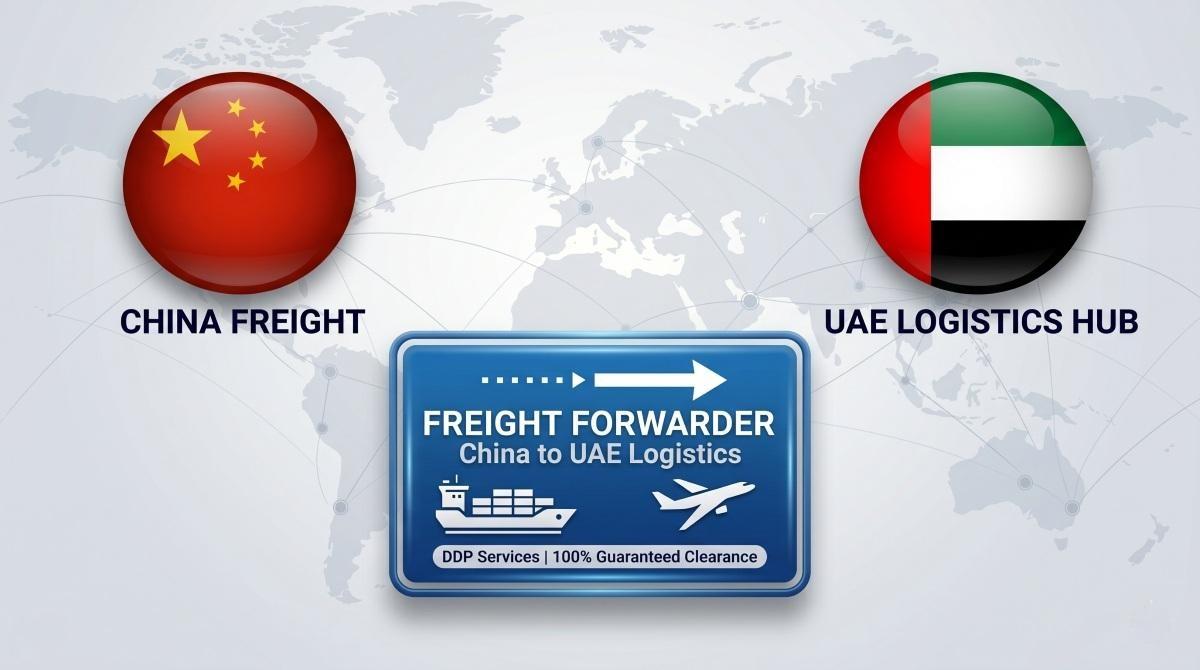 Ein Diagramm, das Speditions- und Logistikdienstleistungen von China in die VAE darstellt. Links ist ein kugelförmiger Globus mit der chinesischen Flagge und der Aufschrift 'CHINA FREIGHT' zu sehen. Rechts ist ein kugelförmiger Globus mit der Flagge der VAE und der Aufschrift UAE LOGISTICS HUB' zu sehen. In der Mitte befindet sich ein blaues Straßenschild mit einem nach rechts zeigenden Pfeil, dem Text 'FREIGHT FORWARDER', 'China to UAE Logistics' und 'DDP Services | 100% Guaranteed Clearance' sowie den Symbolen für Containerschiffe und Frachtflugzeuge. Der Hintergrund ist eine blassgraue Weltkarte.