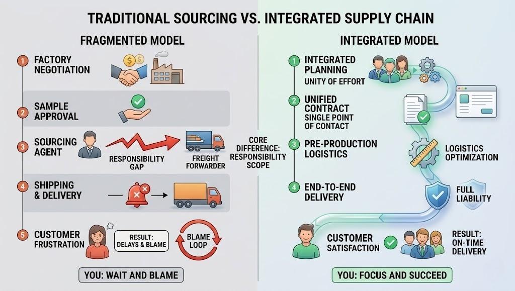Traditional China sourcing agent supply chain vs. integrated logistics-first procurement model