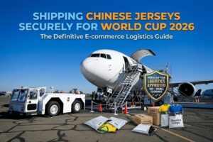 Chargement d'un avion cargo sur le tarmac, avec au premier plan des paquets contenant des maillots de football.