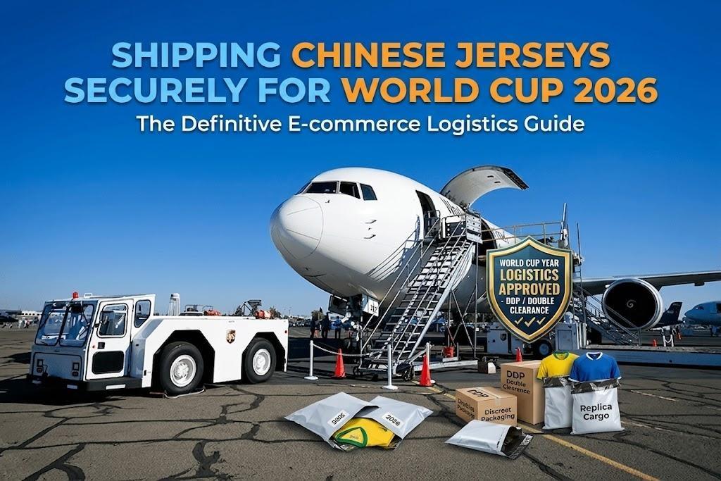 A cargo plane being loaded on the tarmac, with packages containing soccer jerseys placed in the foreground.