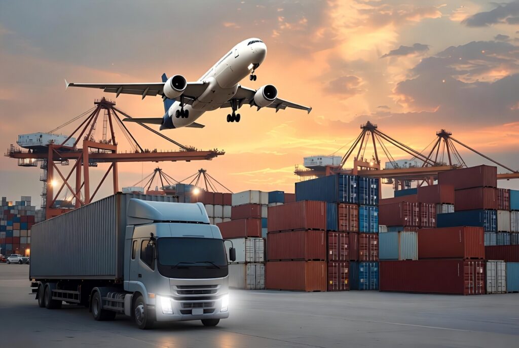 a pristine logistics truck moving smoothly in the foreground