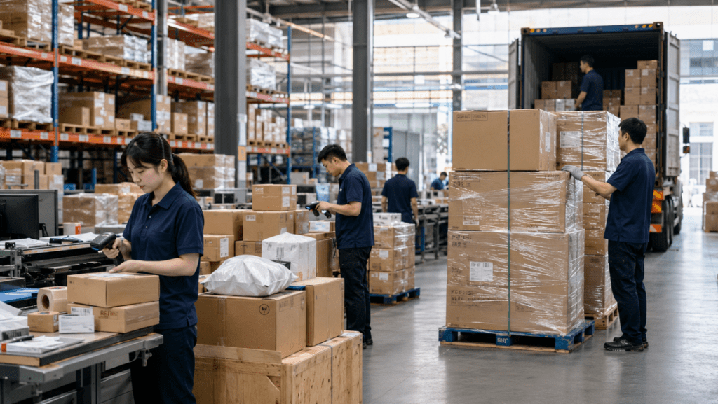 China freight forwarder warehouse consolidating 1688 orders for international shipping to USA