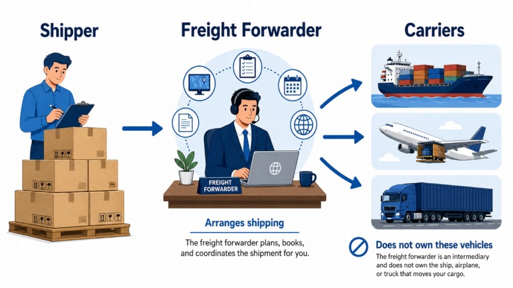 A freight forwarder is an intermediary that arranges the transport of goods on behalf of a shipper