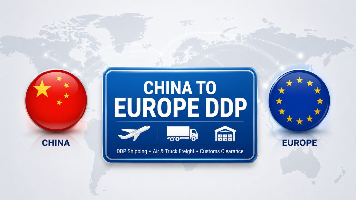 Image de couverture « Chine-Europe DDP » illustrant un service de fret entre la Chine et l'Europe, avec des icônes représentant le fret aérien, le transport routier, le dédouanement et l'entreposage