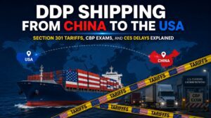 Expédition DDP de la Chine vers les États-Unis par navire de fret, carte de l'itinéraire Chine-États-Unis, bande d'avertissement tarifaire, poste de contrôle de la CBP et symboles indiquant les retards douaniers