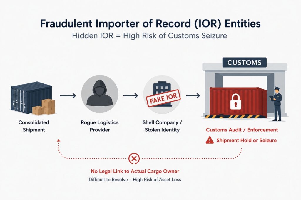 Schéma analytique illustrant les stratagèmes frauduleux liés à l’« importateur officiel » et les saisies de conteneurs à titre de garantie dans le cadre d’opérations logistiques DDP non conformes