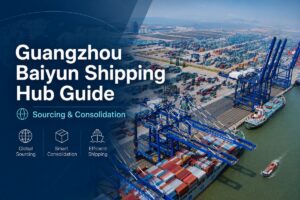 Couverture du guide du pôle logistique maritime de Guangzhou Baiyun, illustrant un port à conteneurs, l'approvisionnement, le groupage et la logistique du transport maritime international