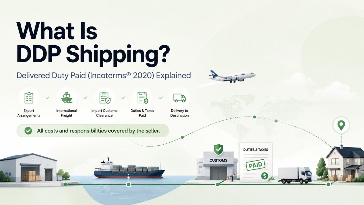 What Is DDP Shipping? Delivered Duty Paid (Incoterms® 2020) Explained cover image showing the DDP shipping process from export arrangements and international freight to customs clearance, duties paid, and final delivery.