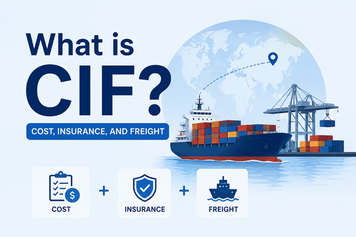 What is CIF (Cost, Insurance, and Freight) in international shipping, featuring a cargo ship, destination port, and global trade logistics network.