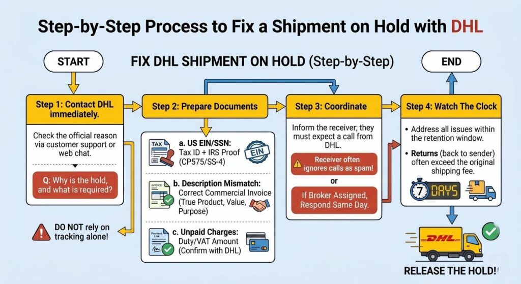 step by step process to fix a shipment on hold dhl
