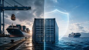 CIF et CIP pour le fret maritime conteneurisé : illustration d'un conteneur de fret entre un terminal portuaire et un navire de haute mer, mettant en évidence les différences en matière de transfert des risques et de couverture d'assurance.