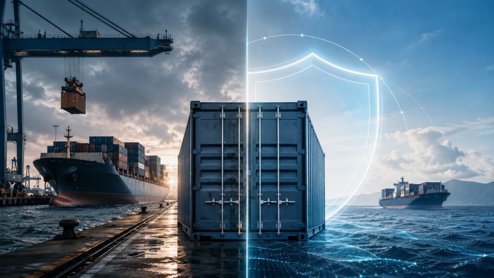 CIF et CIP pour le fret maritime conteneurisé : illustration d'un conteneur de fret entre un terminal portuaire et un navire de haute mer, mettant en évidence les différences en matière de transfert des risques et de couverture d'assurance.