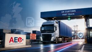 Camion d'un transitaire agréé AEO empruntant une voie prioritaire des douanes britanniques dans un terminal à conteneurs