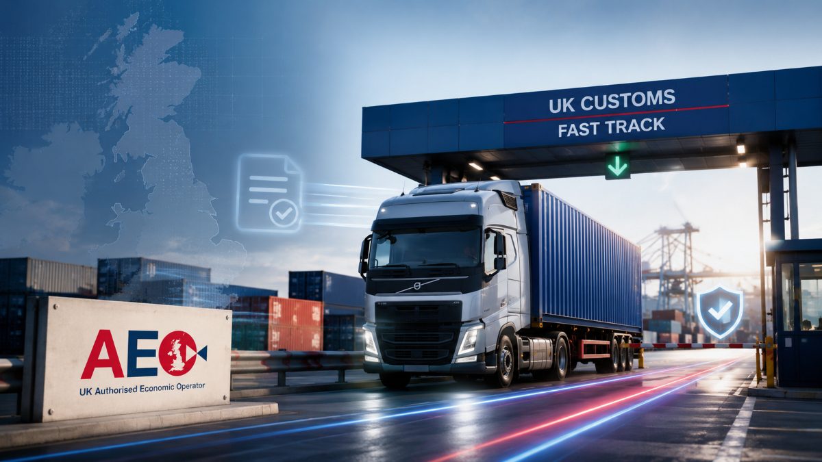 AEO-authorised freight forwarder truck passing through a UK customs fast-track lane at a container terminal