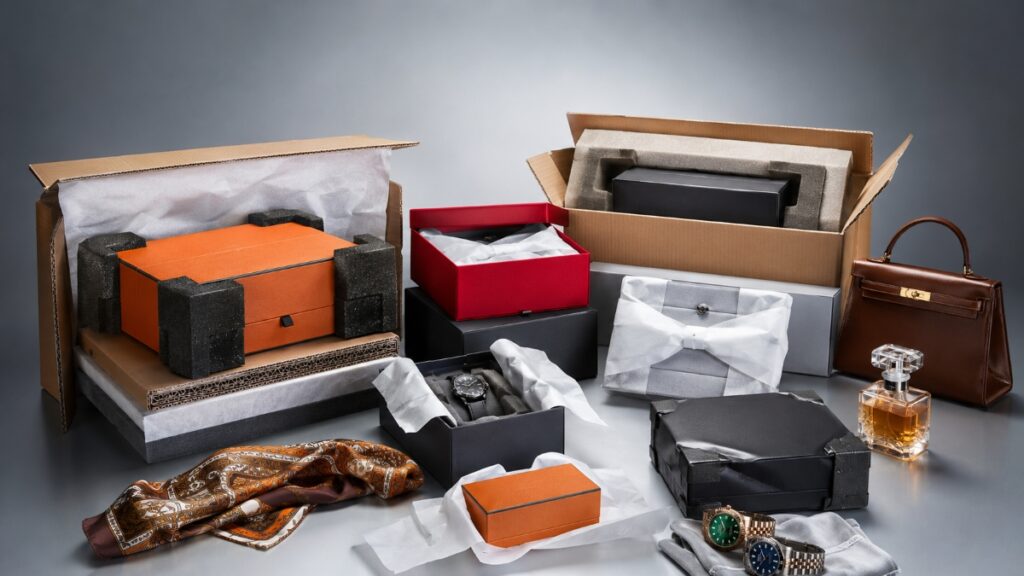 General Cargo branded boxes protected with foam corner guards, tissue wrapping and outer cartons for secure international freight shipping