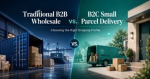 Le transport traditionnel de conteneurs en gros B2B avec des marchandises palettisées, comparé à la livraison de petits colis B2C par fourgon jusqu'au domicile des particuliers