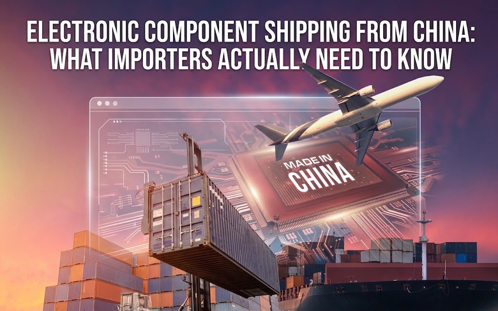 "VERSAND VON ELEKTRONIKKOMPONENTEN AUS CHINA: WAS IMPORTEURE WIRKLICH WISSEN MÜSSEN". Das Bild zeigt einen leuchtenden Computerchip mit der Aufschrift "MADE IN CHINA“ vor dem Hintergrund einer digitalen Schaltung mit Elementen der globalen Logistik, darunter ein Frachtschiff, ein angehobener Versandcontainer und ein Flugzeug, das bei Sonnenuntergang fliegt.