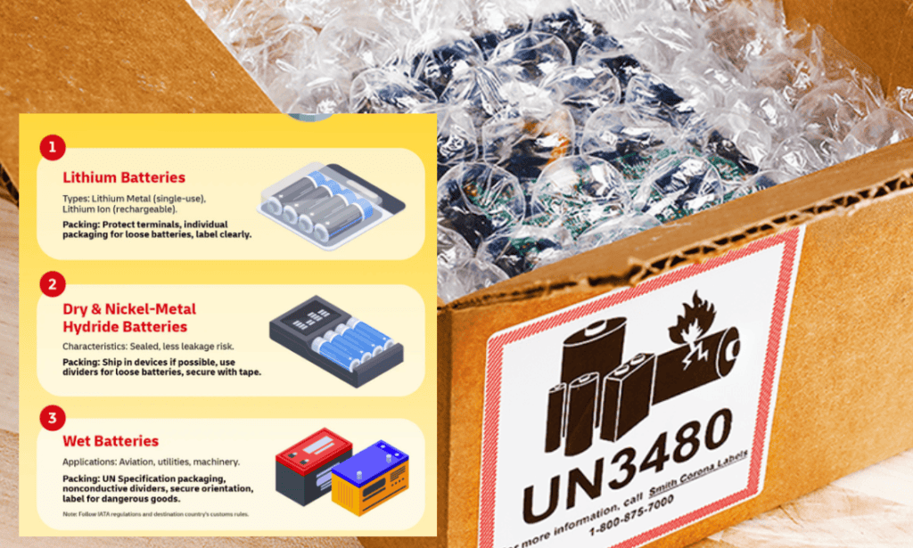 Open cardboard shipping box with bubble-wrapped electronics and UN3480 lithium battery hazard label, next to an illustrated guide showing packing rules for lithium, dry/NiMH, and wet batteries