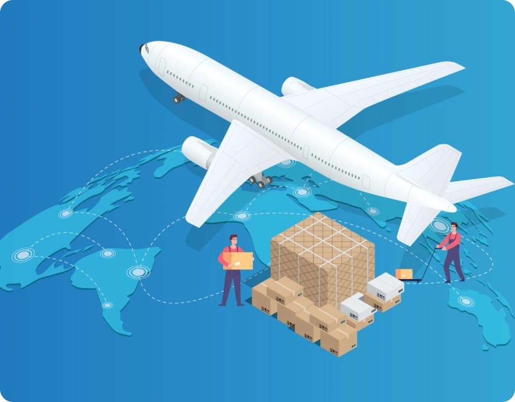 Illustration d’un avion-cargo, de cartons et d’ouvriers au-dessus d’une carte du monde, symbolisant le réseau logistique mondial géré par un transitaire aérien chinois.