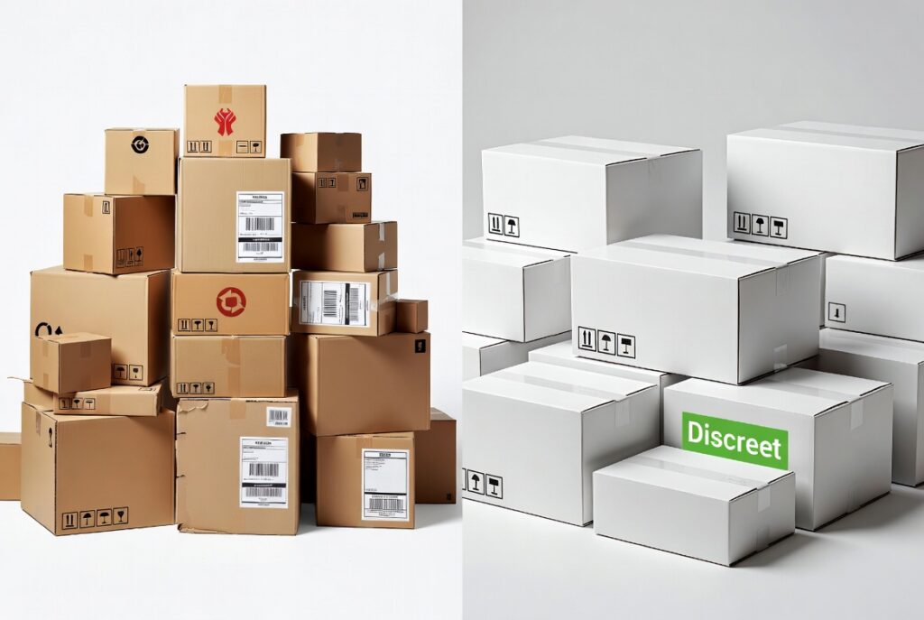 Replica goods shipping packaging comparison branded box vs plain white label