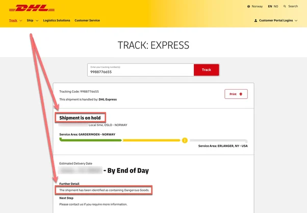 dhl shipment on hold status shown in tracking page