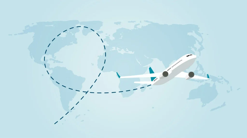 Eine Illustration eines weißen Flugzeugs, das entlang einer gestrichelten Route über einer Weltkarte fliegt und den Ablauf des Luftfrachtversands aus China veranschaulicht.