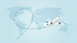 Une illustration représentant un avion blanc volant le long d'un itinéraire en pointillés au-dessus d'une carte du monde, illustrant le processus d'expédition de fret aérien depuis la Chine.