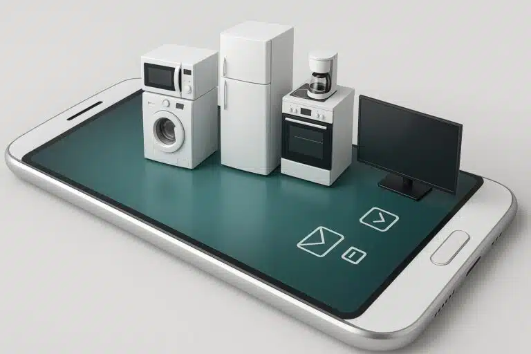 La pantalla de un smartphone en la que aparecen iconos con electrodomésticos en miniatura, que representan el proceso online de importación de productos electrónicos de China a Alemania.