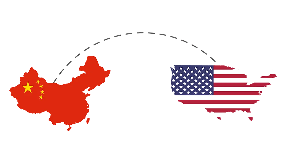 A map of China and a map of the US connected by a dashed line, representing air freight routes between the two countries.