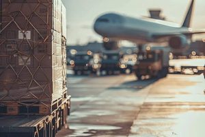 منصة نقالة مغلفة بالصناديق في المقدمة، مع طائرة شحن على مدرج المطار في الخلفية، مما يمثل الشحن الجوي بنظام «تسليم إلى الوجهة» (DDP) من الصين إلى الولايات المتحدة الأمريكية.